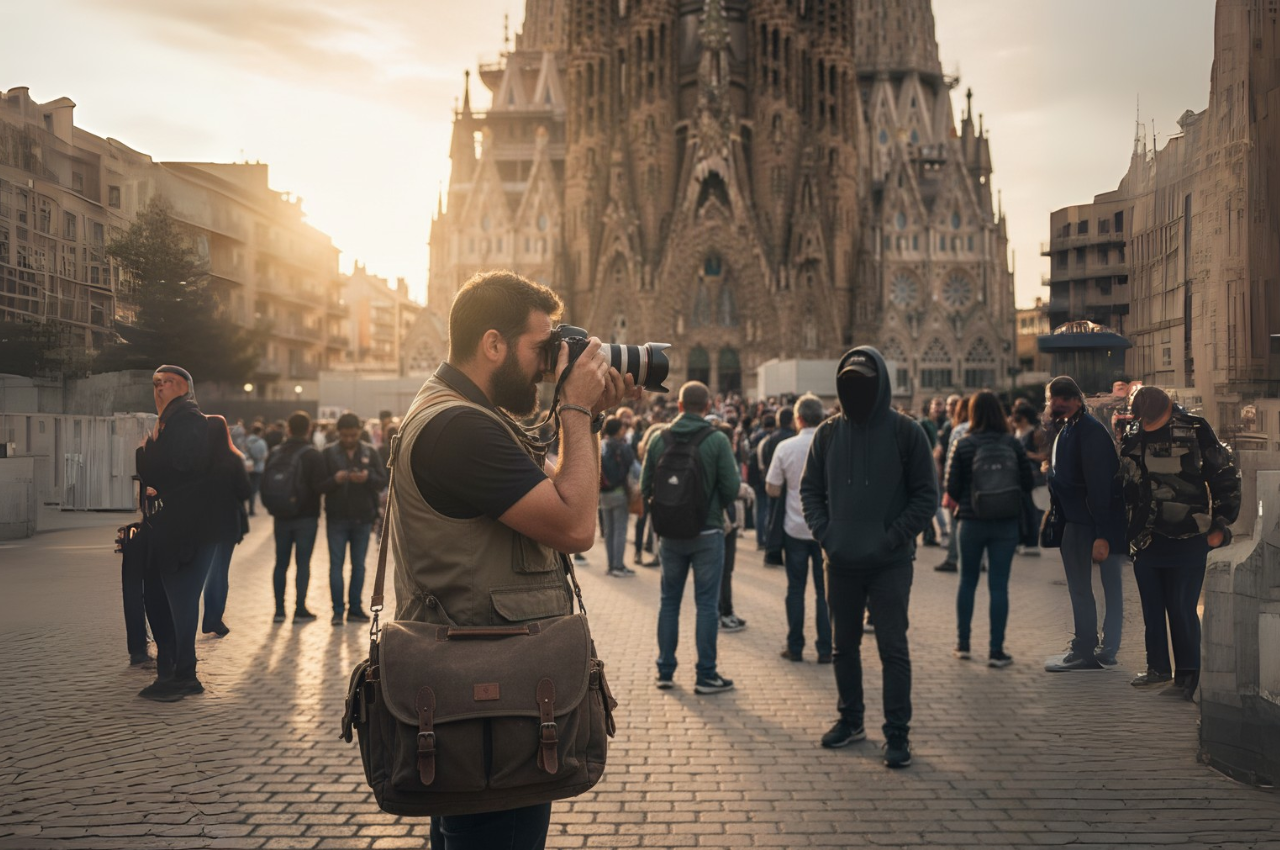photographe-prenant-des-photos-devant-la-sagrada-familia-avec-sacoche-photo-vintage