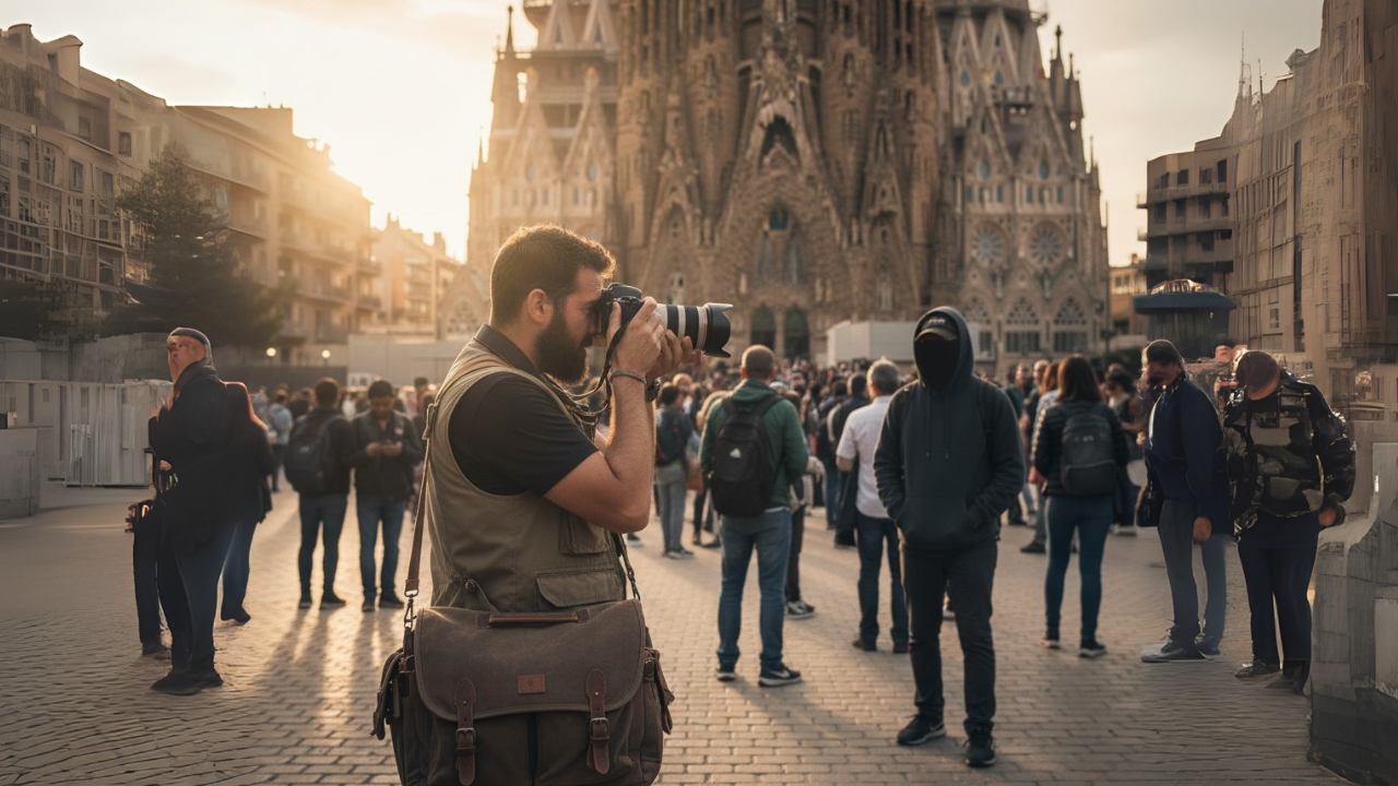 photographe-prenant-des-photos-devant-la-sagrada-familia-avec-sacoche-photo-vintage