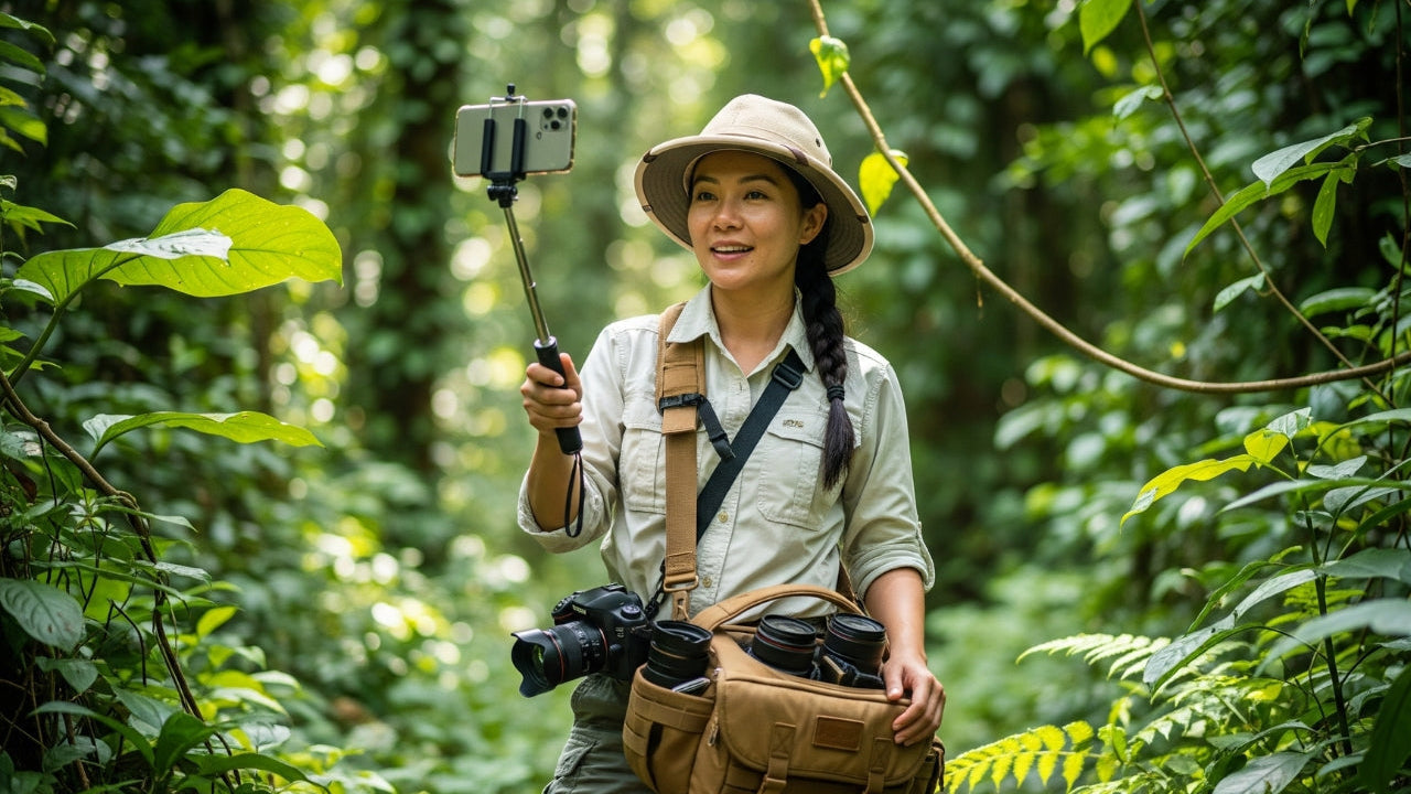 créatrice-de-contenu-en-jungle-avec-sacoche-photo-en-bandoulière-et-appareil-photo-à-la-main