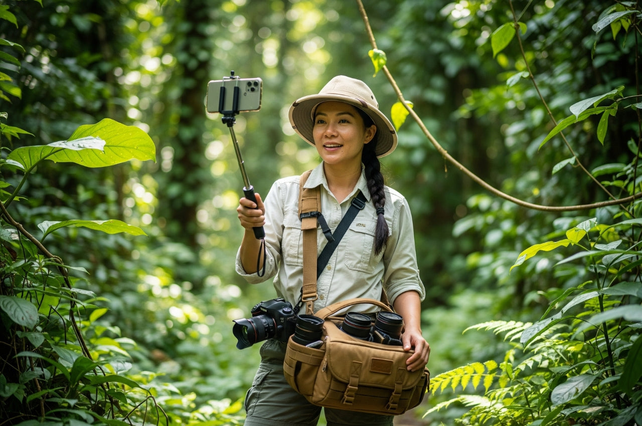 créatrice-de-contenu-en-jungle-avec-sacoche-photo-en-bandoulière-et-appareil-photo-à-la-main