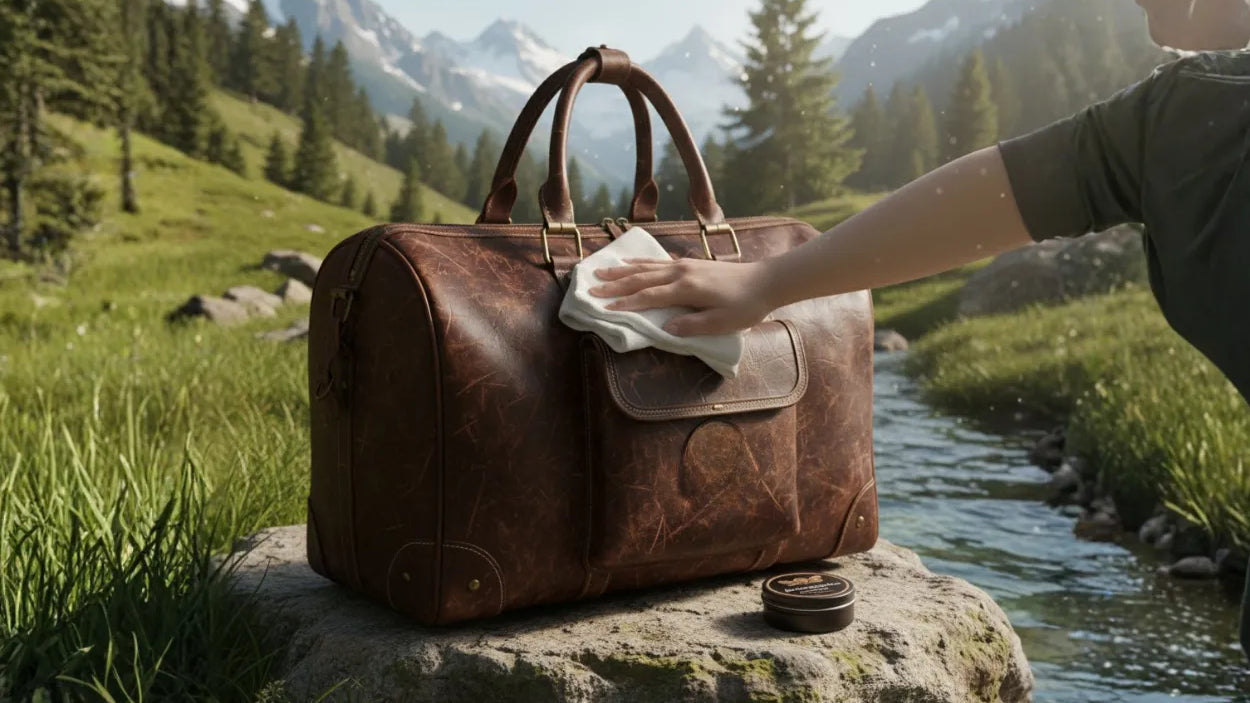 Cire protectrice appliquée sur un sac en cuir lors de son entretien