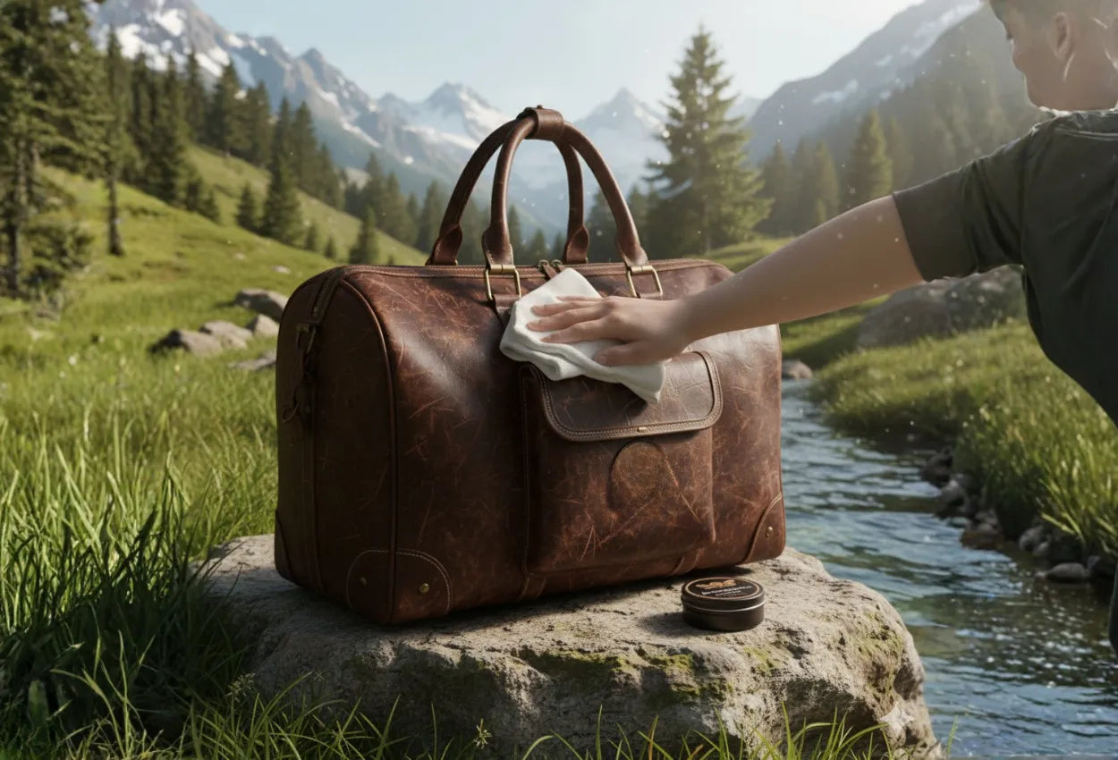 Cire protectrice appliquée sur un sac en cuir lors de son entretien
