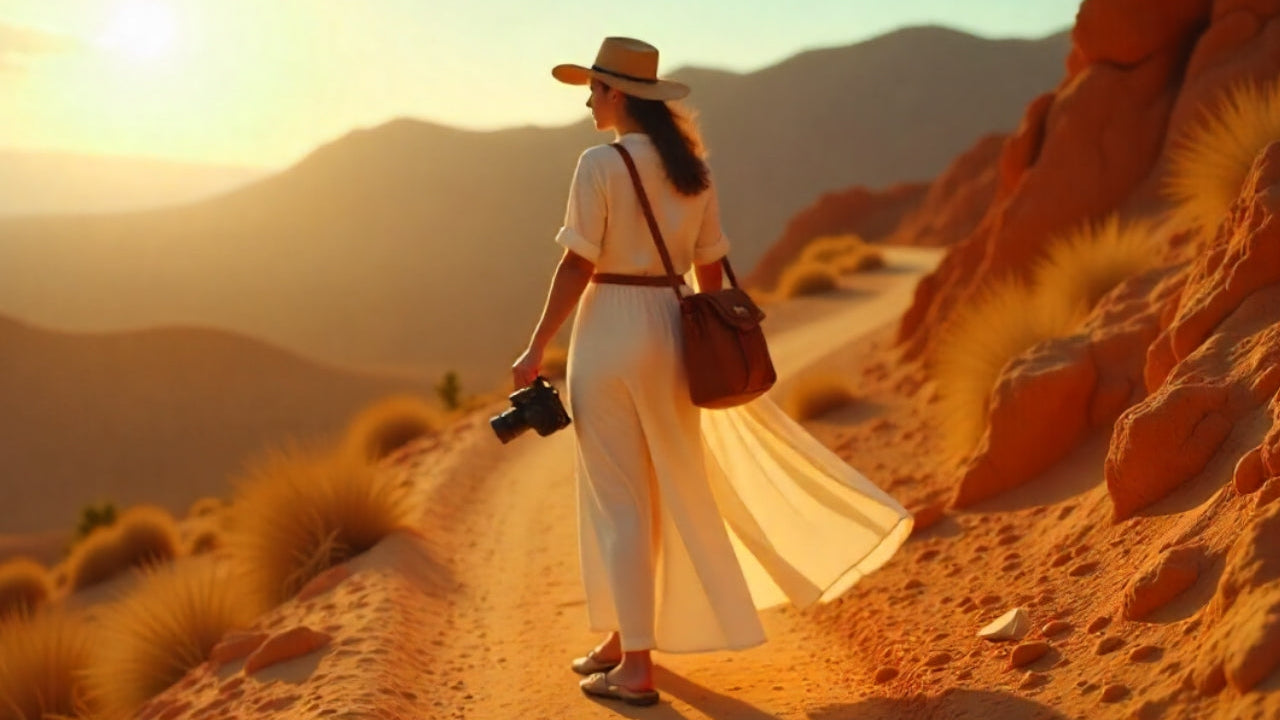 photographe-en-robe-blanche-marchant-dans-un-désert-au-coucher-du-soleil-portant-une-sacoche-photo-vintage-en-cuir-ambiance-mariage-bohème
