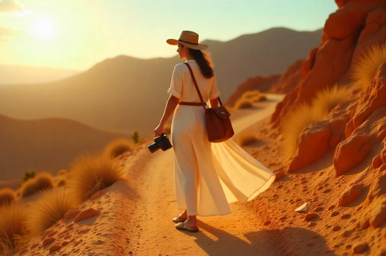 photographe-en-robe-blanche-marchant-dans-un-désert-au-coucher-du-soleil-portant-une-sacoche-photo-vintage-en-cuir-ambiance-mariage-bohème