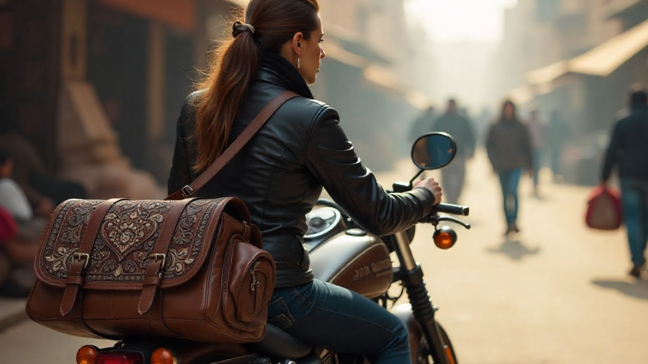 femme-en-moto-dans-une-ville-animée-avec-sacoche-photo-vintage-en-cuir-sur-l’épaule
