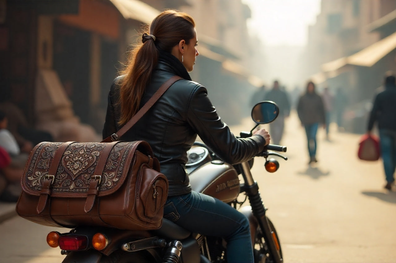 femme-en-moto-dans-une-ville-animée-avec-sacoche-photo-vintage-en-cuir-sur-l’épaule