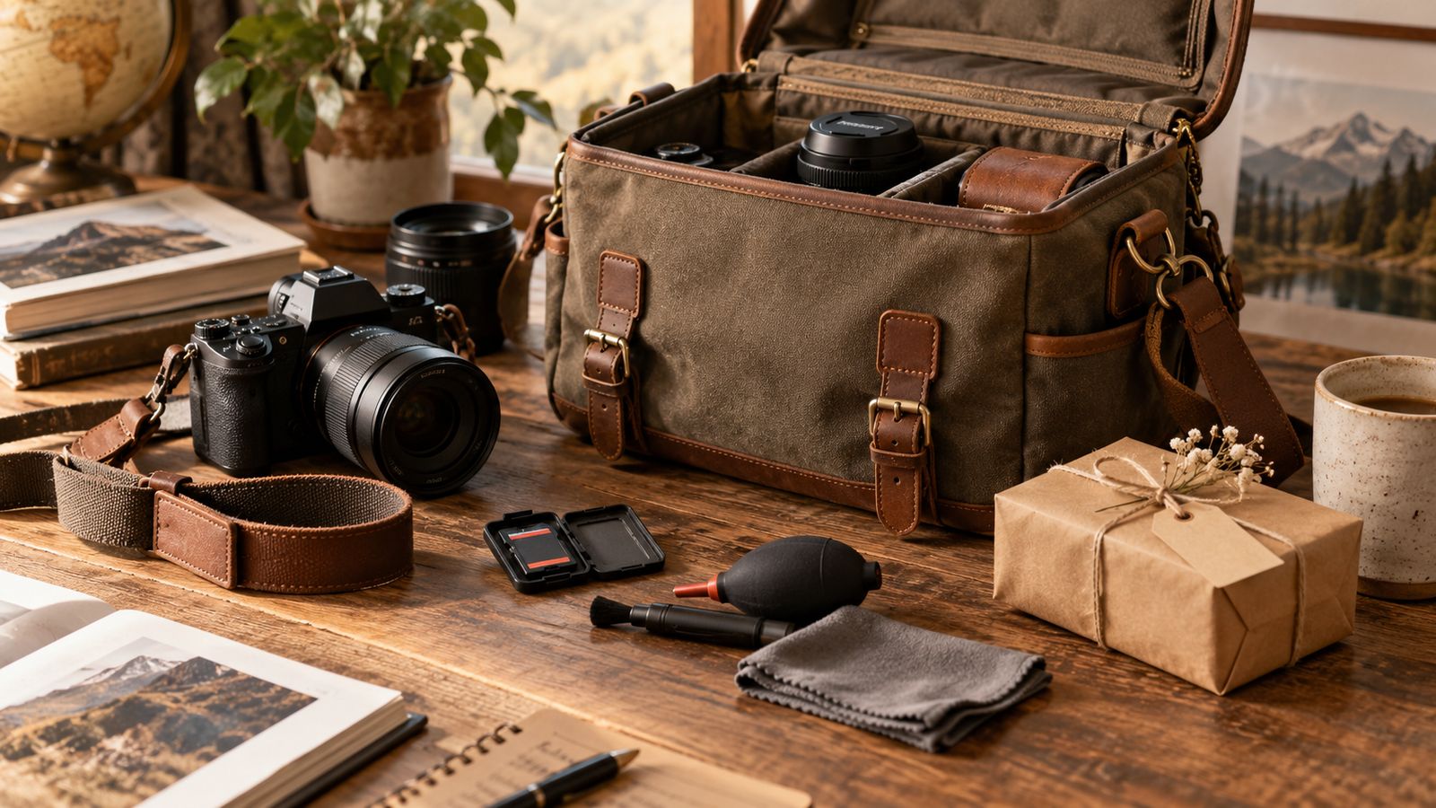 Sac photo en toile et cuir, appareil photo, objectif et accessoires à offrir à un photographe
