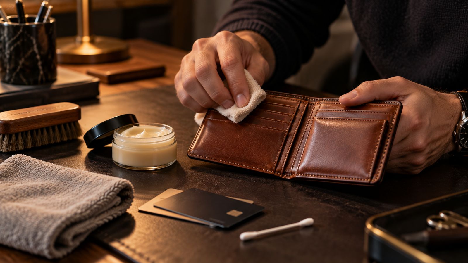 Nettoyage d'un portefeuille en cuir avec un chiffon et une crème d'entretien