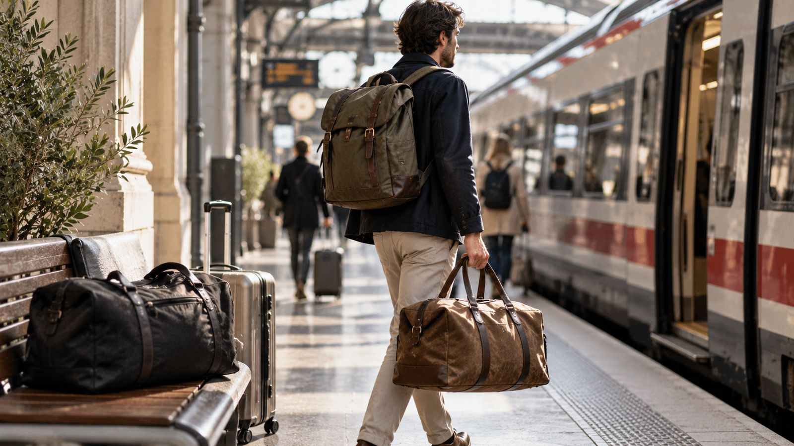 Voyageur sur un quai de gare avec un sac à dos et un sac de voyage en toile