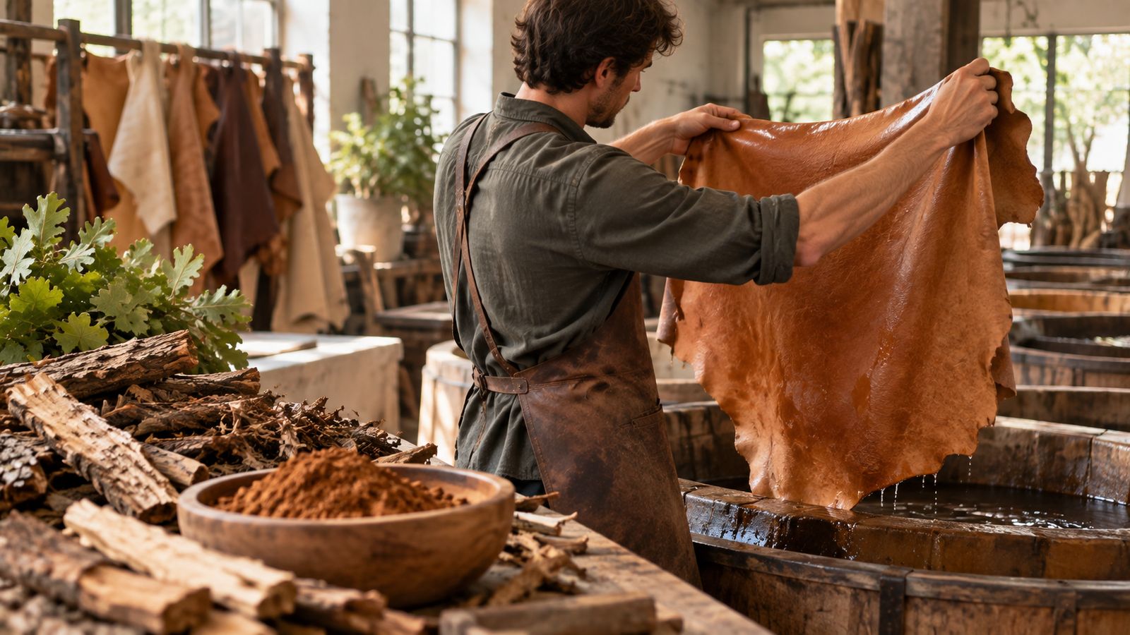 Artisan présentant une peau de cuir tannée végétal au milieu des écorces
