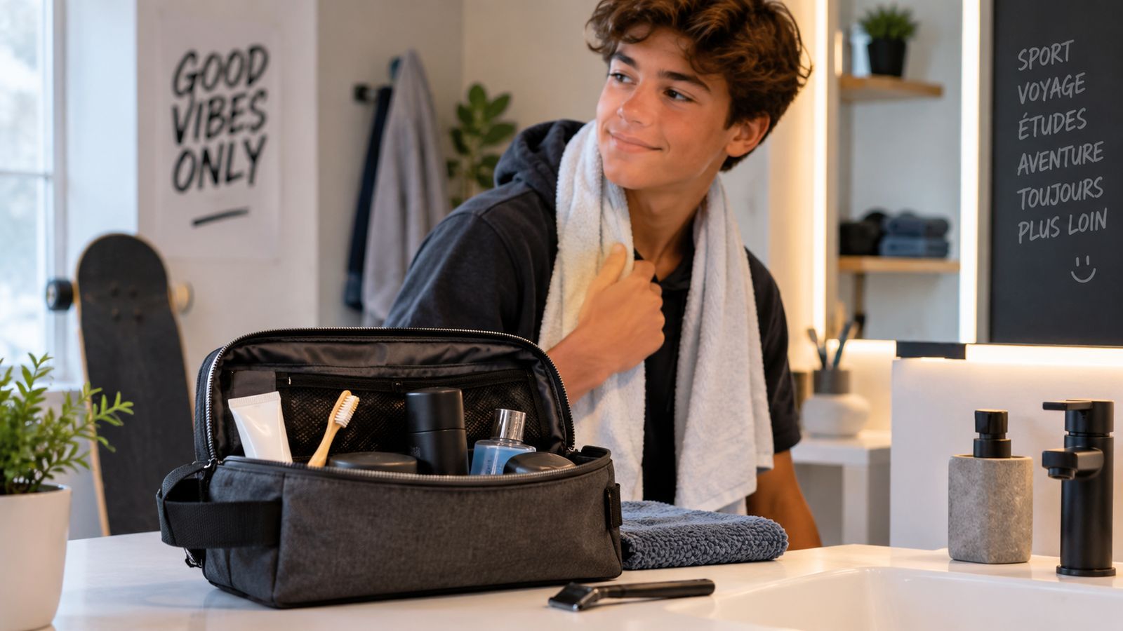 Adolescent devant sa trousse de toilette dans la salle de bain