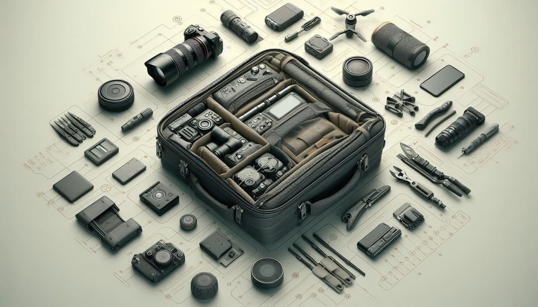 sac-photo-modulable-ouvert-avec-compartiments-et-accessoires-photo-disposés-autour